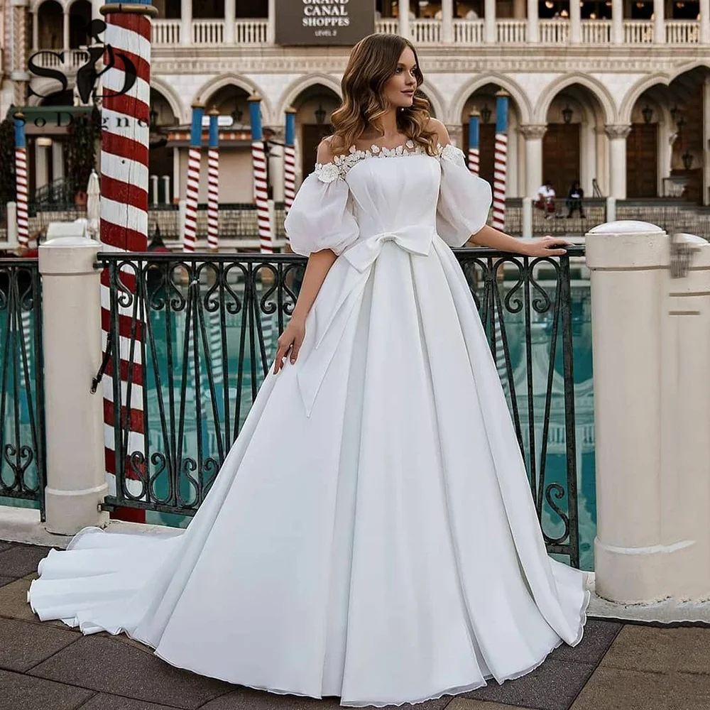 

SoDigne A Line Wedding Dresses Detachable Sleeves Belt Bow Bridal Gowns Elegant Women Wedding Party Gowns 2023