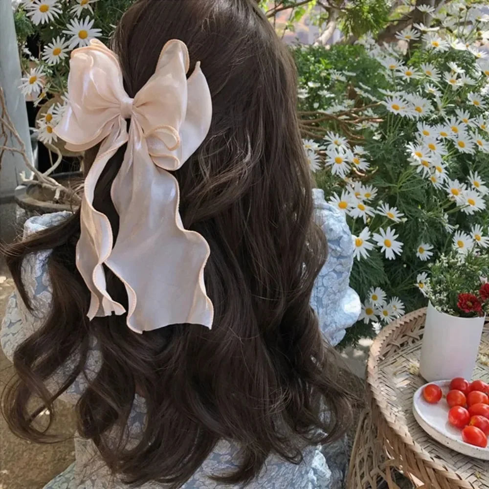 New Women Girls Sweet Blue Shining Satin Bowknot Hair Clip Big Ribbon Bow Barrette Solid Color Scarf Hairpin Grip Ponytail Clip