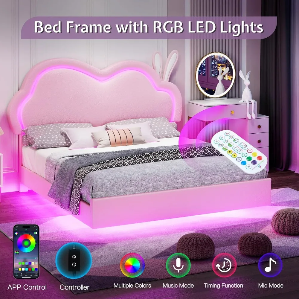 LED Queen Bed Frame for Girls Upholstered Floating Bed with Cute Cloud Headboard, No Box Spring Needed, Leather, Pink 3