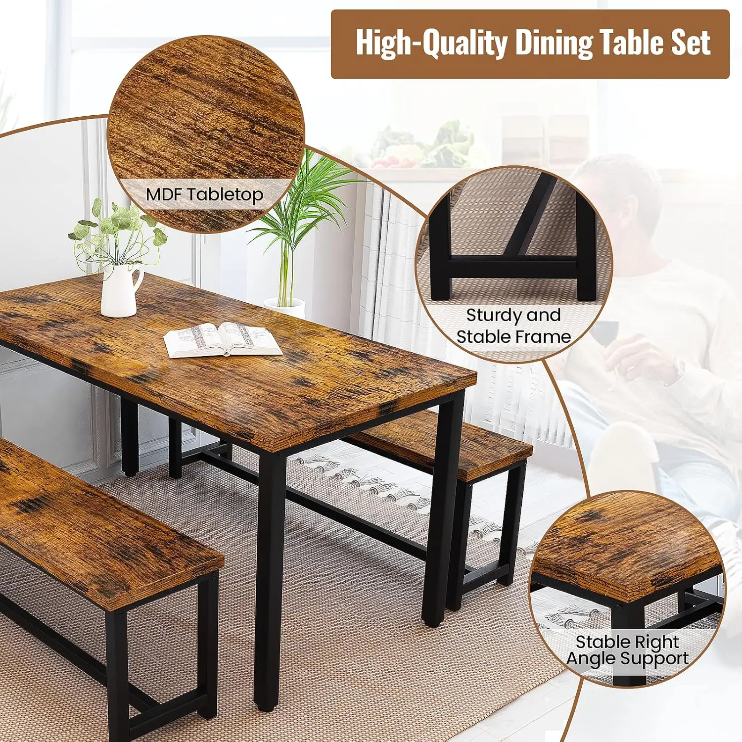 3-Piece Dining Table Set for 4, 43'' Dining Room Table Set with 2 Benches, Space-Saving Dinette Table with Metal Frame MDF Board 4
