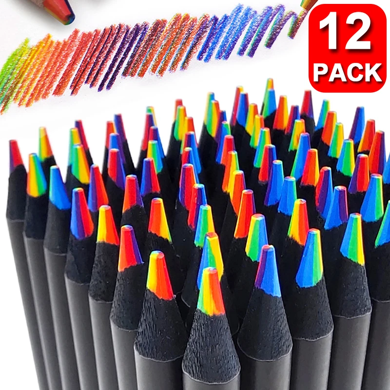 레인보우 컬러 연필, 다색, 7 in 1, 블랙 목재 벌크, 미술 용품, 드로잉, 컬러링 스케치, 1-12 팩 