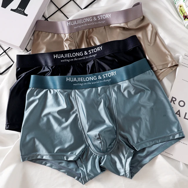 Boxer de luxe en Satin de soie glacée, sous-vêtement d'été lisse et frais pour hommes, culotte d'entrejambe en maille respirante, 3 pièces/paquet 1