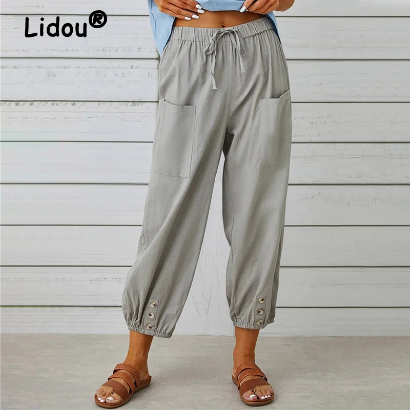 Women Summer Casual Loose High Waist Beach Cotton Linen Ankle Length Harem Pants Drawstring Pockets Cropped Trousers Pantalones