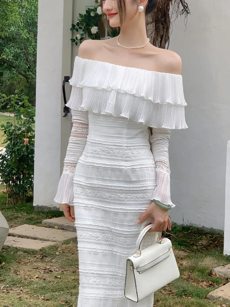 

Jielur Elegant White Office Lady Midi Dress Long Sleeve Sexy Beach Party Bodycon Dress Women Chic Summer One Piece Dress Korean