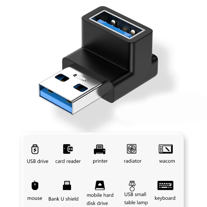 Adattatore USB 3.0 Angolare 90° Maschio/Femmina - Direzione Verso L'Alto, Per PC E Laptop, Connettori Placcati Oro, Nero/Grigio/Argento