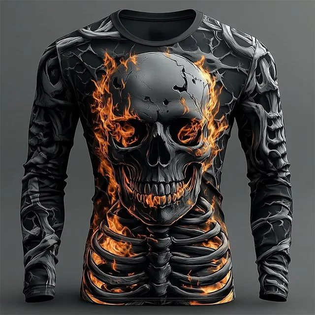 Creative Design 3D Skull Print Men's T-Shirt Autumn Daily Casual Long Sleeve Crew Neck Pullover Tees Oversize Breathable Clothes 1