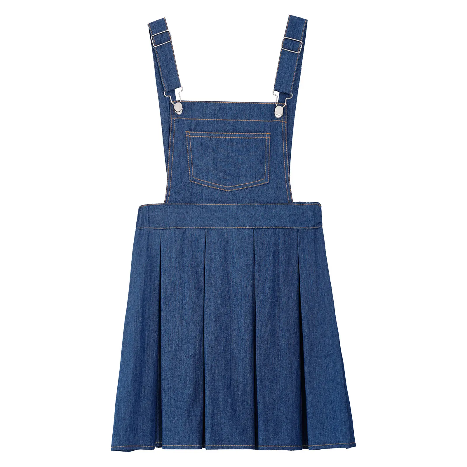 Kids Girls Adjustable Strap Bib Skirt Denim Overall Dress Pleated Suspender Casual Overalls Pleated Daily Dresses with Pocket