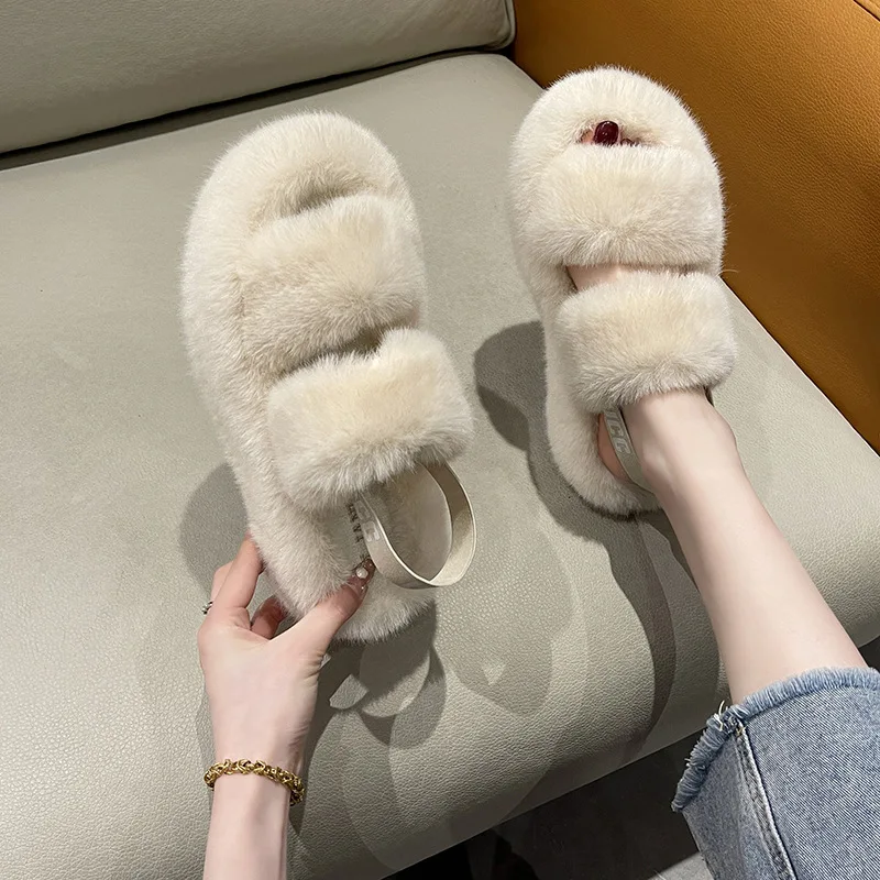 2023 Winter Candy Color Thick Bottom Non-slip Home Cotton Slippers Large Size Casual Hairy Slippers Women's Fashion Warm Shoes