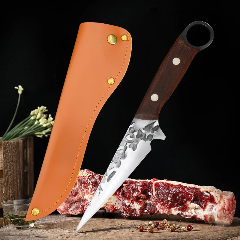 Cuchillos de deshuesado de 5 pulgadas para cocina, cuchilla para carne, cuchillo de hueso de carnicero, mango de madera, cuchillo de cocina para Chef, pescado, fruta con funda