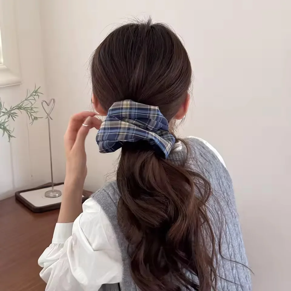 Vintage Korean Plaid Hair Band Scrunchies - Retro Elastic Ponytail Accessories