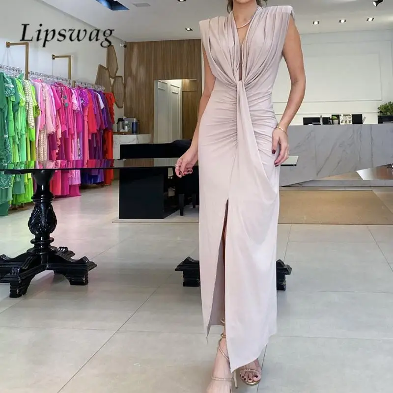 

Sexy Solid Color Sleeveless Pleated Long Dress Elegant Ladies V Neck Temperament Dress Fashion Women Slim Hip Wrap Split Dresses
