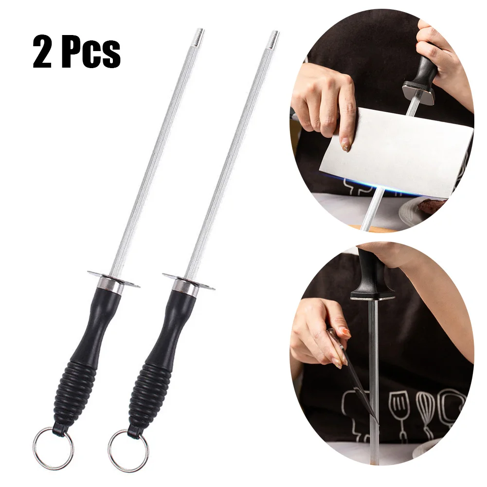 2pcs 10in Diamond Carbon Steel Sharpener Grinding Hunting Master Chef Hunter Gourmet Blade Sharpening Rod Kitchen Gadget