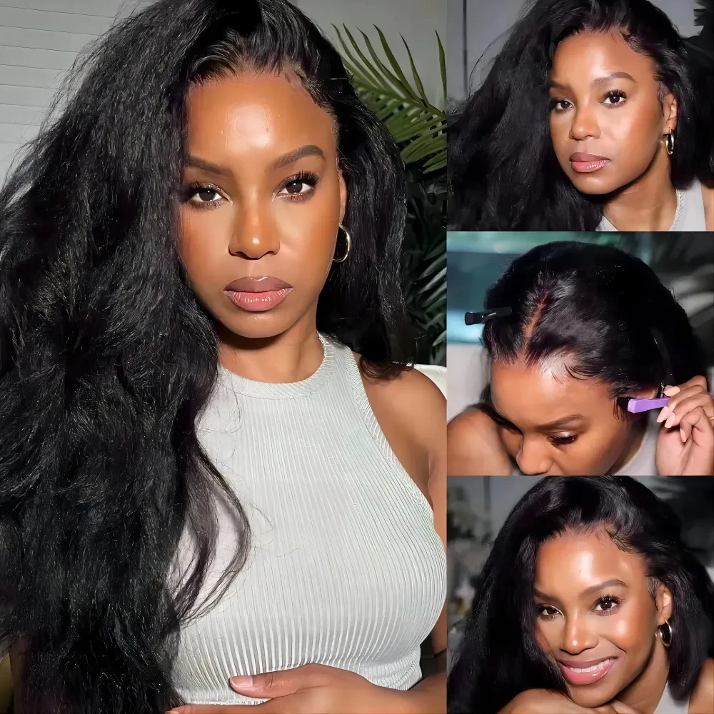 

Yaki Lace Front Wigs Kinky Straight Human Hair Wig Transparent 5x5 HD Lace Closure Wig Glueless Natural Hairline Peruvian Hair