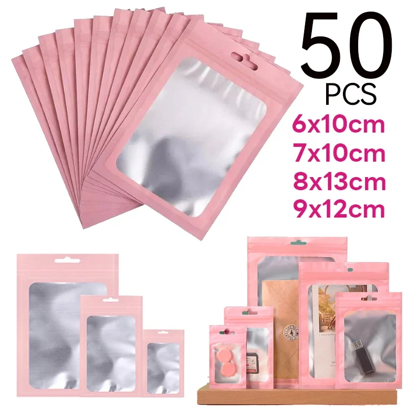 50Pcs Pink Plastic Matte Pink Aluminum Foil Zip Lock Packaging Bag Jewelry Necklace Storage Pouch Small Sachets Food Sample Bags