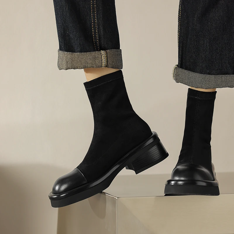 

Women Ankle Boots Autumn Winter Genuine Leather Casual Platform Thick High Heels Slip On Shoes Woman Stretch Size 34-42