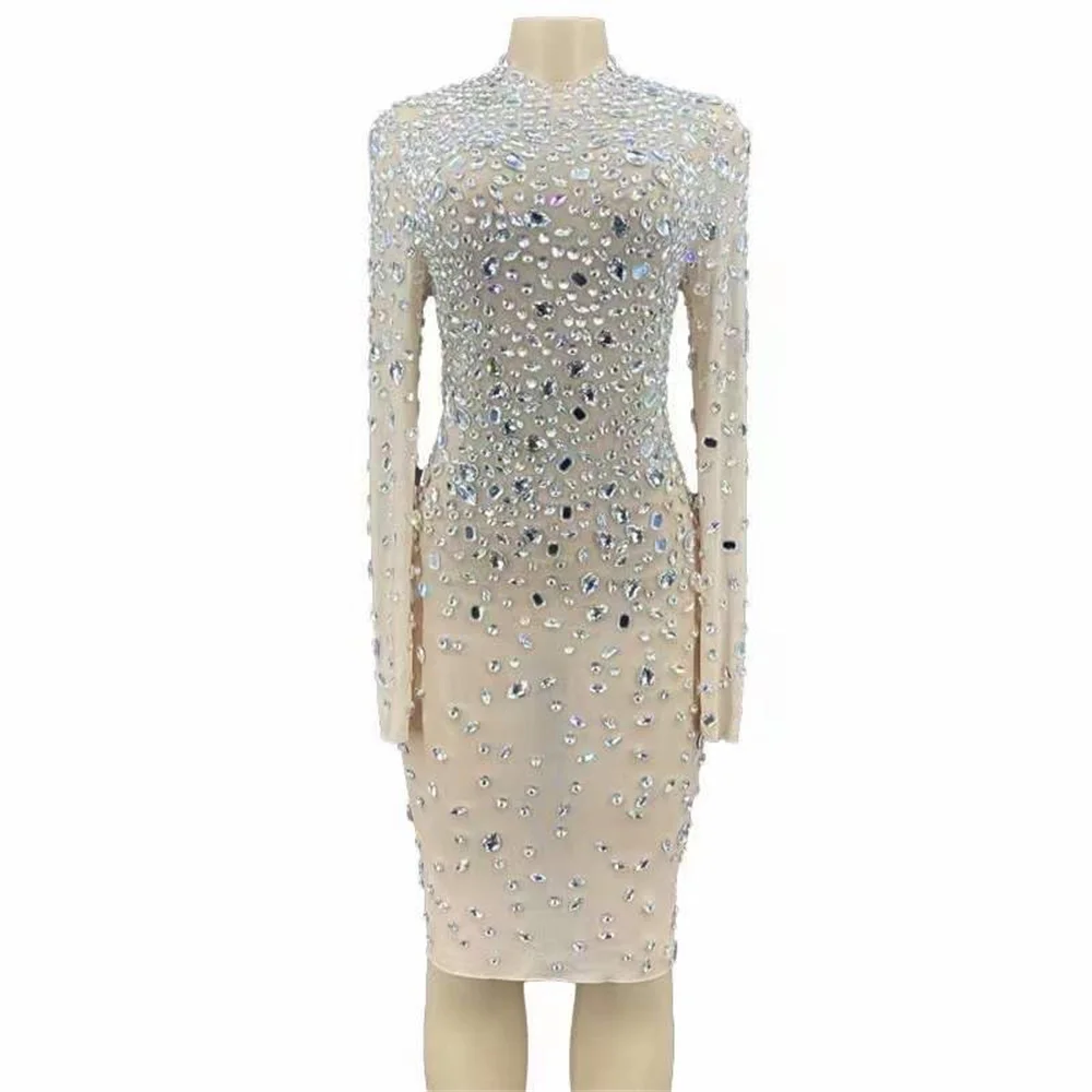 

Nude Shining Crystal Rhinestones Sexy Long Sleeves Dress For Women Nightclub Evening Clothing Stage Singer Costume Party Wear