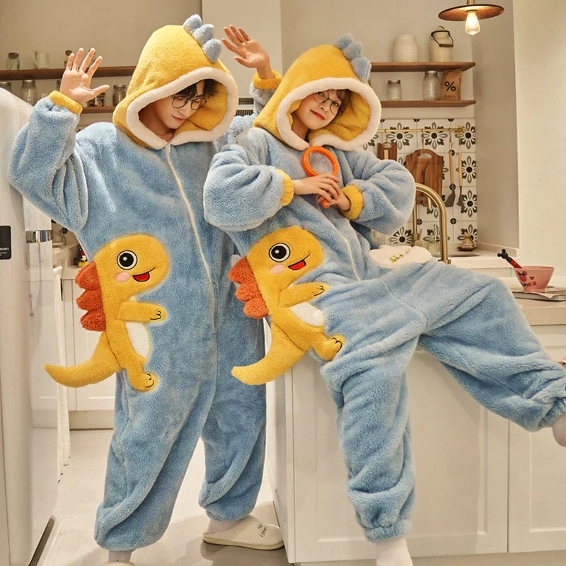 

Kigurumis Onesie Couples Women's Home Clothes Cute Cartoon Dinosaur Winter Men Warm Pajamas Outfits Thicken Lovers Pyjama