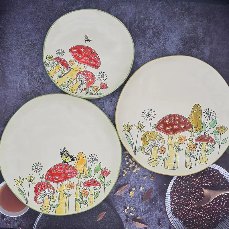 Creative hand-painted ceramic plate, vegetable board, household tableware, steak board, round plate, European glass fruit plate