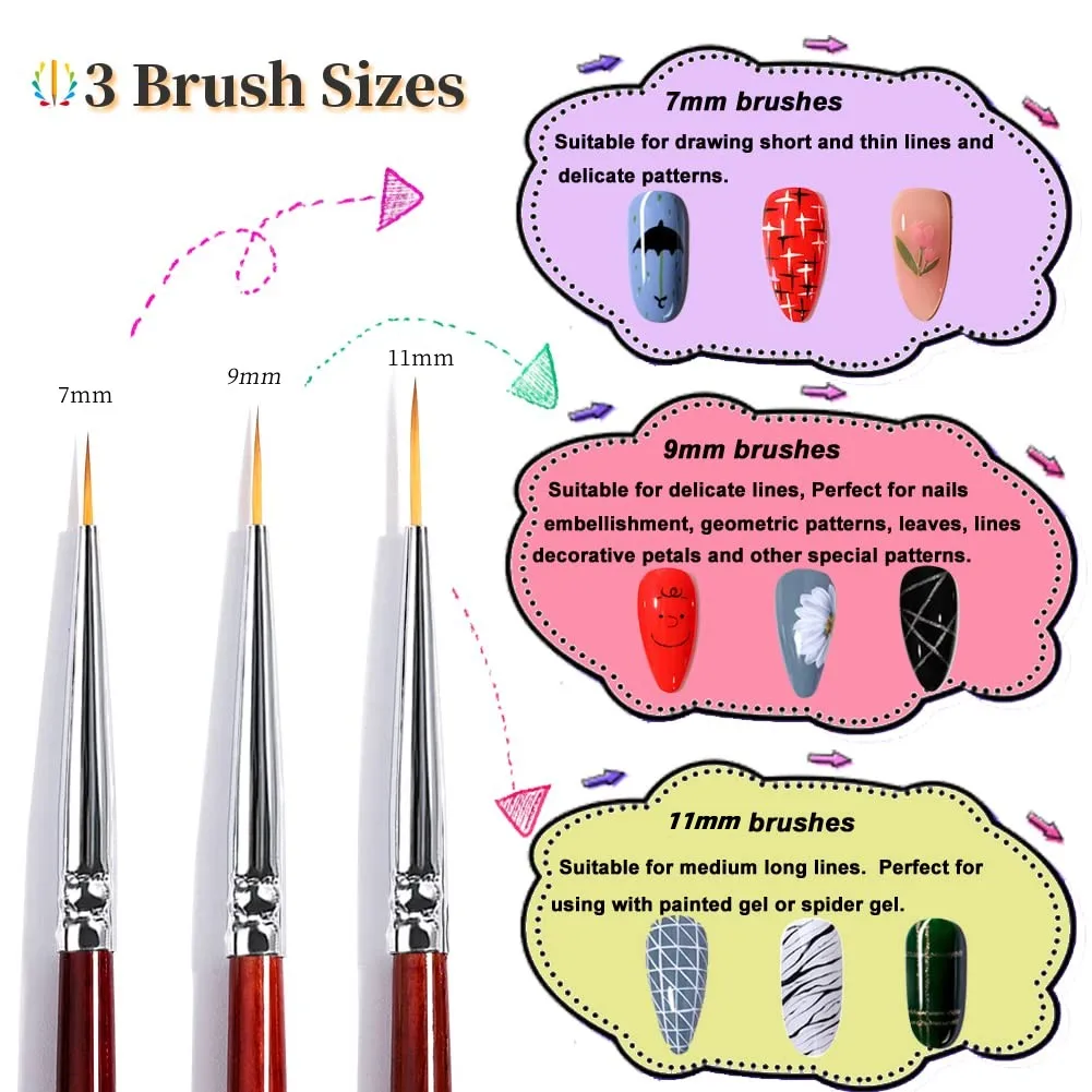 7/9/11mm Nail Art Liner Brushes Set 3Pcs Nail Art Brush Striping Brush for Thin Long Fine Lines Dotting Drawing Pen Wooden 2