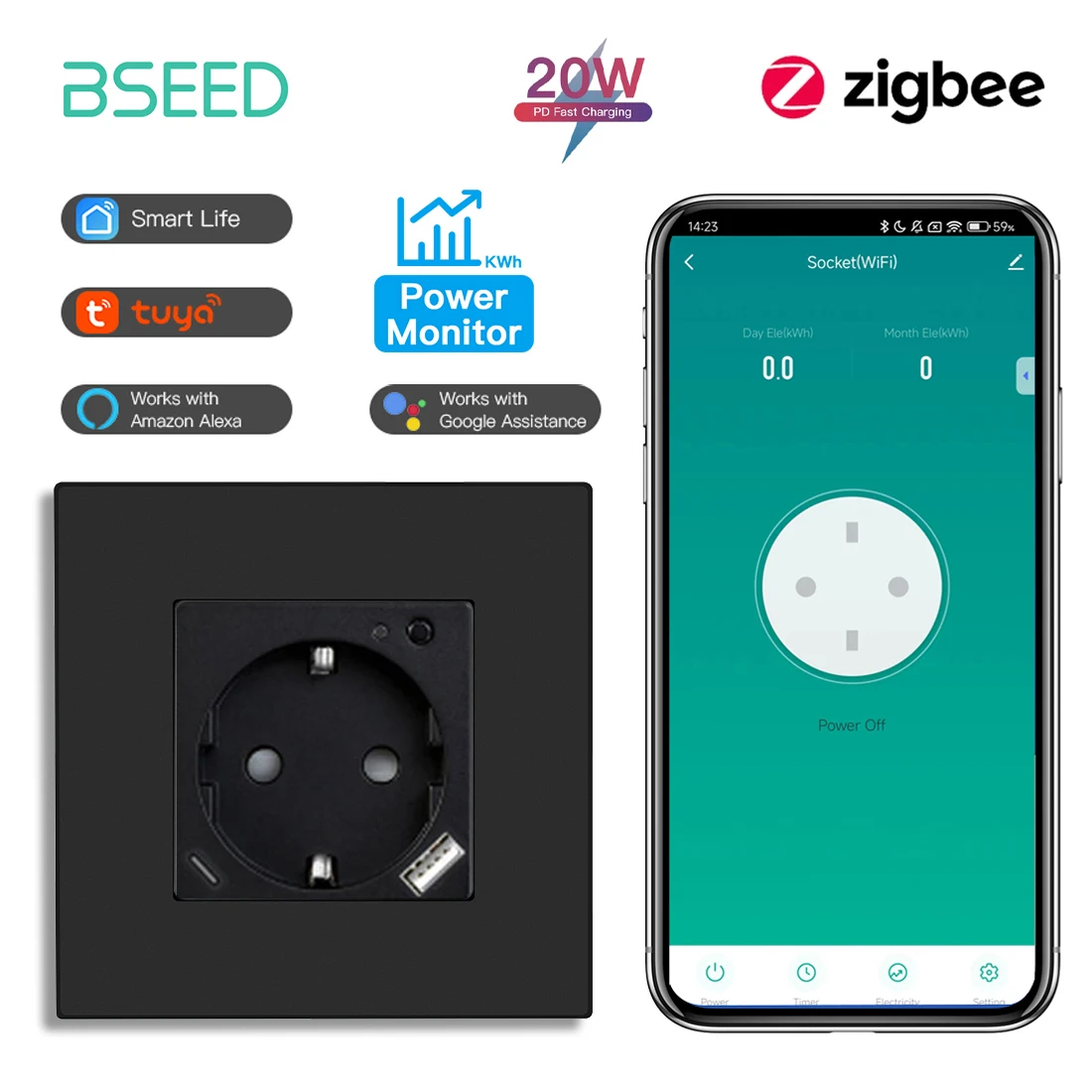 BSEED زيجبي مقبس الاتحاد الأوروبي زائد 20 واط Type...