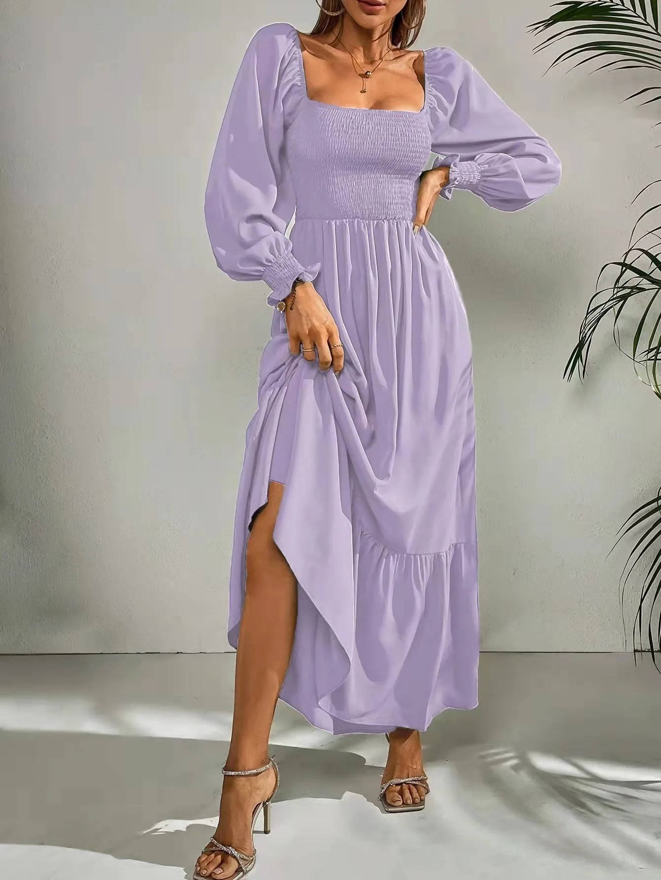 

2022 Fall Chiffon Women's Long Dress Party Long Sleeve Square Collar Elegant Dresses Female Summer Evening Clothes Ladies
