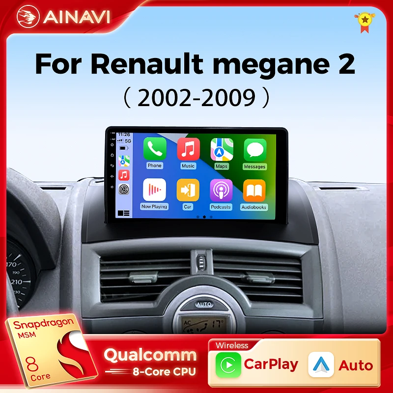 Ainavi-Autoradio Android pour Renault Megane 2, Lecteur de Limitation, GPS, Carplay Sans Fil, Auto Vidéo, DSP Stéréo, 2Din, DVD, 2002-2009