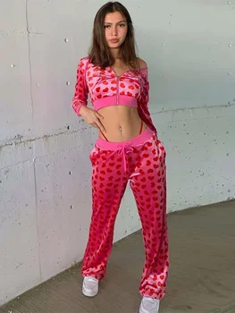 Womens Velvet Heart Print Tracksuits Long Sleeve Zipper Cropped Hooded Jackets Long Pants Autumn Winter 90s Casual 2 Piece Sets 1
