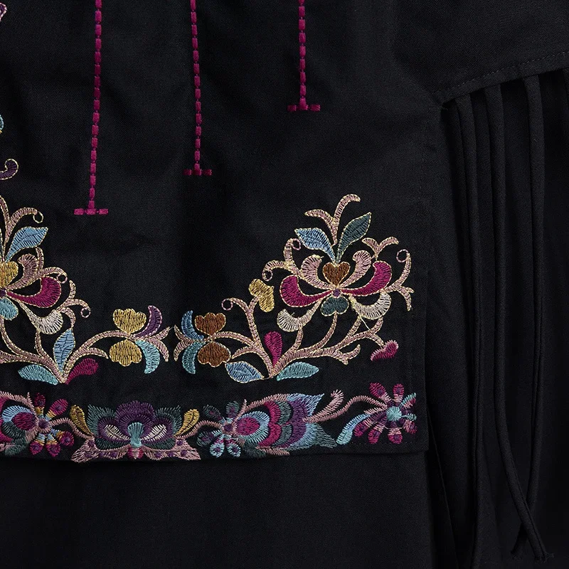New Ethnic Harajuku Tassel Patchwork Women Black Pants Skirts Vintage Embroidery Elastic Waist Trousers Chinese Style Clothing