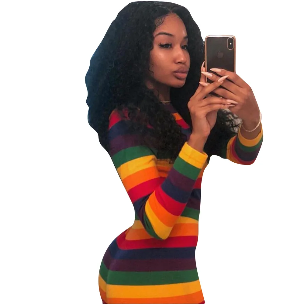 Fastfashiongo Street Hipster S-XXL Sexy Multicolor Round Neck Long Sleeve Jumpsuit Women's Seven Color Rainbow Strip Jumpsuit