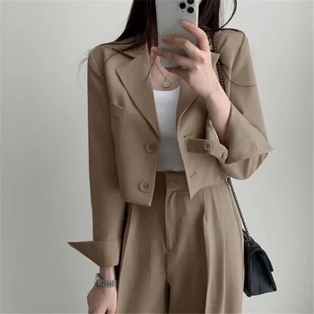 Temperament Cropped Blazer for Women Korean Fashion Office Long Sleeve Suit Coat Woman 2024 Single Breasted Chic Jacket Female - Image 2