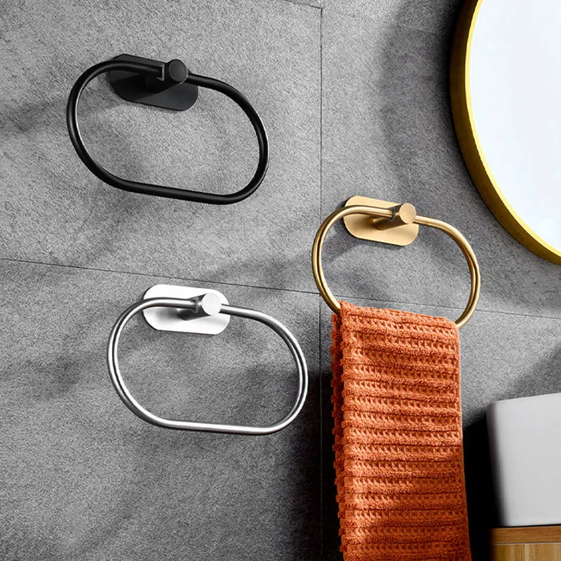 Towel Holder Stainless Steel Self-adhesive Bathroom Towels Rack Black Washhand Hanger Ring Rail Bar Kitchen Storage Accessories