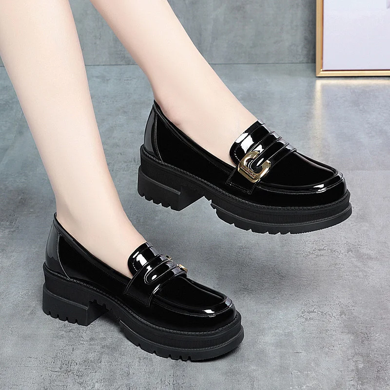 Women 2024 Spring Autumn Deep Mouth High Heels Loafers Patent Leather Chunky Platform Pumps Slip On Black Office Mary Jane Shoes - Image 3