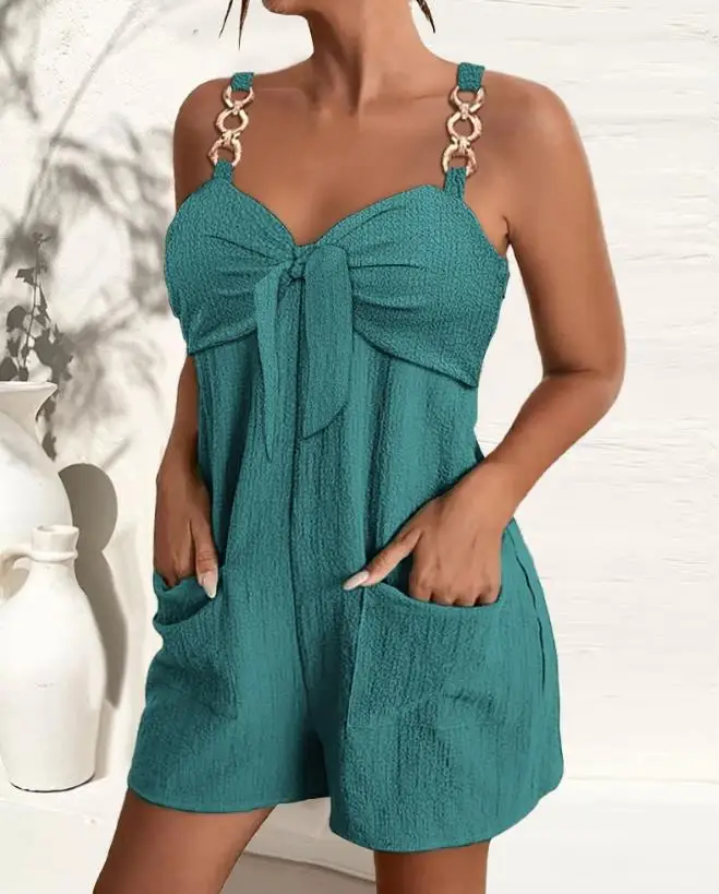 Women One Pieces Bodysuit Streetwear Knotted Casual Romper Summer Fashion Solid Color Chain Strap Pocket Design Short Jumpsuits