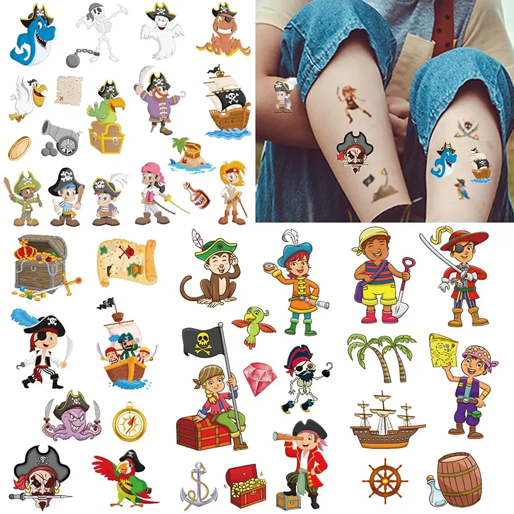 

10 Sheets Pirate Fake Tattoos for Kids Waterproof Body Stickers Cute Cartoon Tattoo Decorations Birthday Party Favor 83pcs