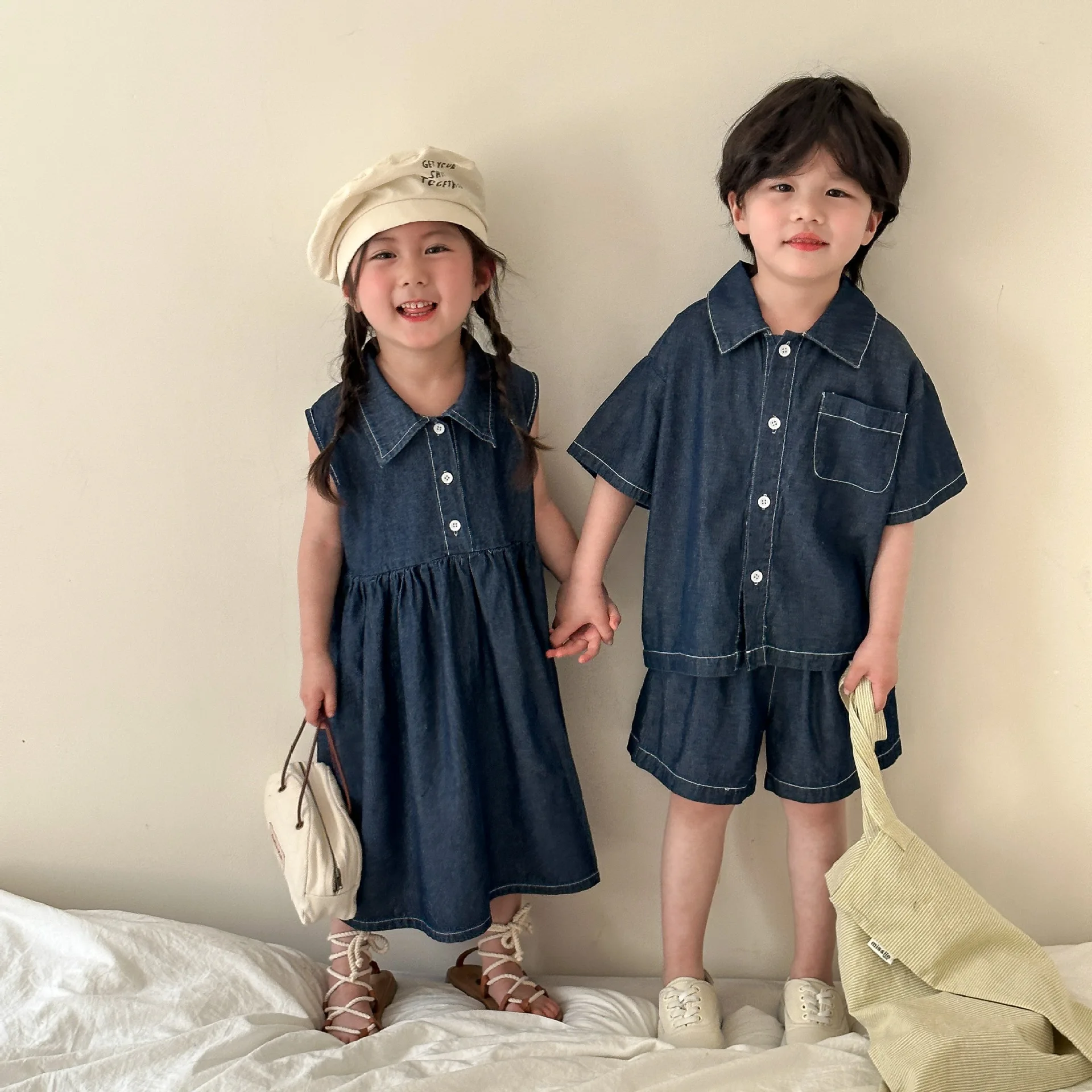 

Children Clothing Kids Summer Denim Suit Boys 2024 New Casual Korean Style Girl Dress Brother and Sister Fashionable Clothes