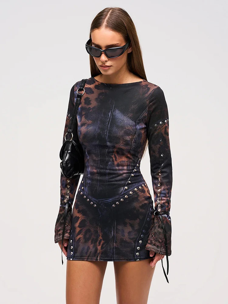 Weird Puss Patchwork Print Dress Women o-Neck Lace-Up Full Sleeve Hottie Trend Skinny Stretch Peach Hip Mini Bodycon Streetwear