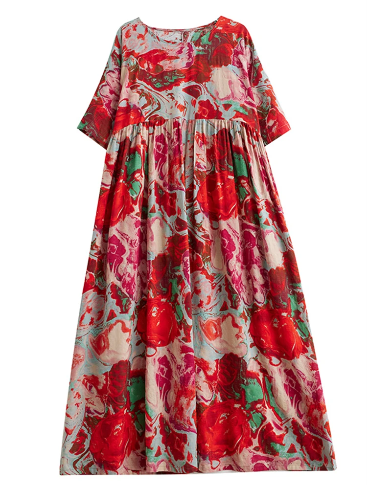 2025 Summer Cotton Vintage Casual Loose Print Red Dresses For Women Short Sleeve Dress Femme Robe Vestidos Elegant Long Clothing