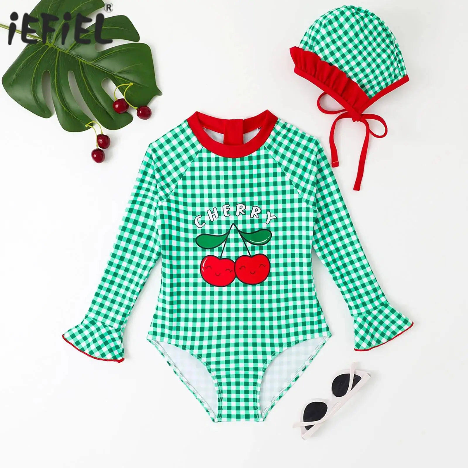 

Kids Girls One-piece Swimsuit Swimwear Bodysuit Leotard Long Sleeve Plaid Print Zipper Swimwear Beach Bathing Suit with Swim Hat