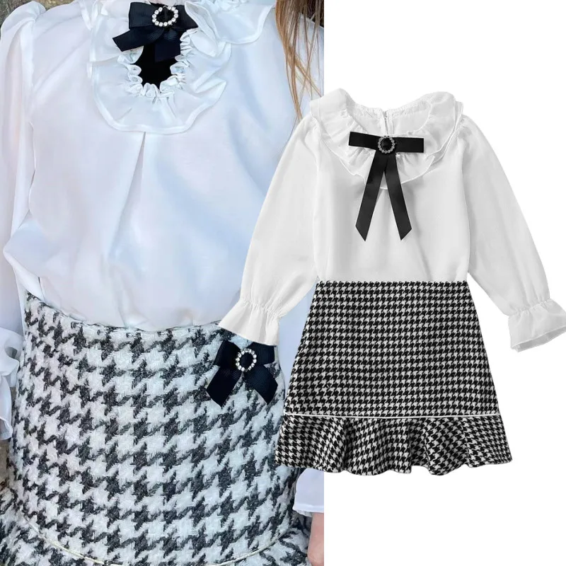 

3-8Y Girls Autumn Witnter Outfits Kids Long Sleeve Flounce Collar White Shirts Houndstooth Skirt Sets Children Princess Clothes