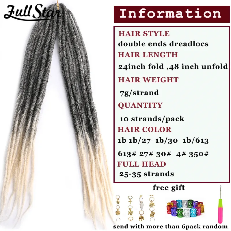 Full Star 24 Inch Handmade Ombre Black Breads Natural Look Fake Dreadlocks Synthetic Crochet Double Ended Faux Locs Extensions 5