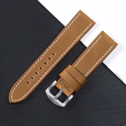 Premium Universal Leather Watch Strap with Steel Buckle - Versatile Wristband Replacement - 24mm (Light Brown White)