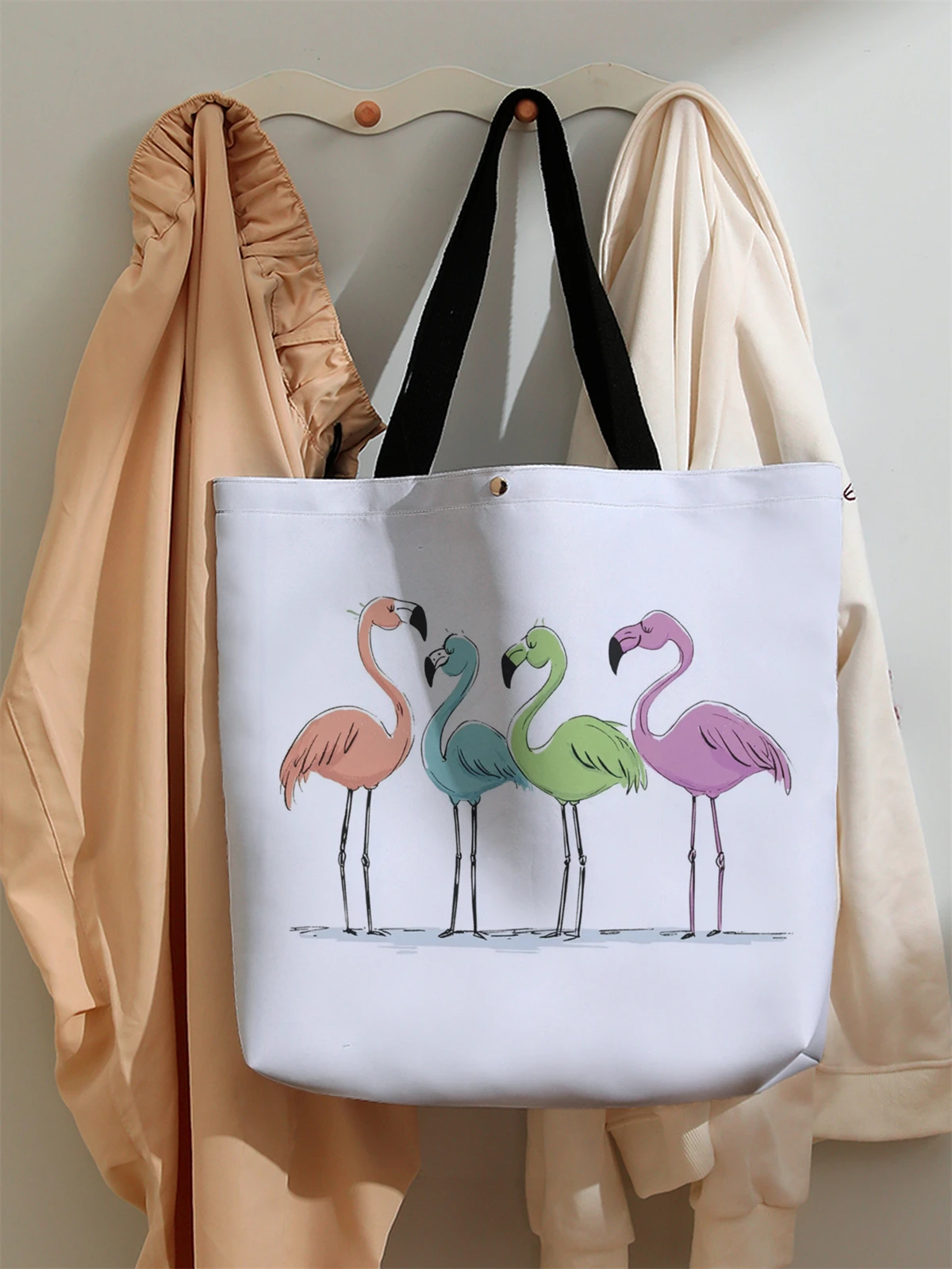 1pc，Flamingo patterned handbag, reusable fashionable handbag, multifunctional handbag, printed canvas shopping bag