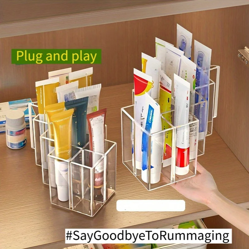 Transparent Plastic Medicine & Ointment Organizer Box with Multi-Compartment Storage - Cabinet Shelf, Tube Holder for creams