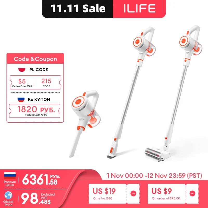 ILIFE G80 Cordless Handheld Vacuum Cleaner, 22000pa Suction, 45 mins Runtime,LED Illuminate, 45mins Runtime, Home Appliance