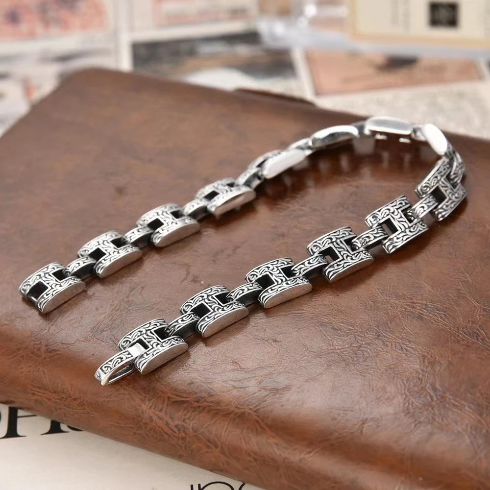 YIZIZAI Tibetan Silver Metal Chain Bracelet for Men Vintage Grass Pattern Links Bracelet Male Hip Hop Jewelry Accessories Gifts