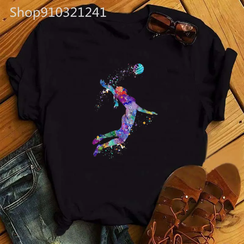 Aesthetic Art Volleyball Women T-Shirt Colorwater Printed Shirts Graphic Short Sleeve Tshirt Funny Casual Streetwear Tee Y2k Top