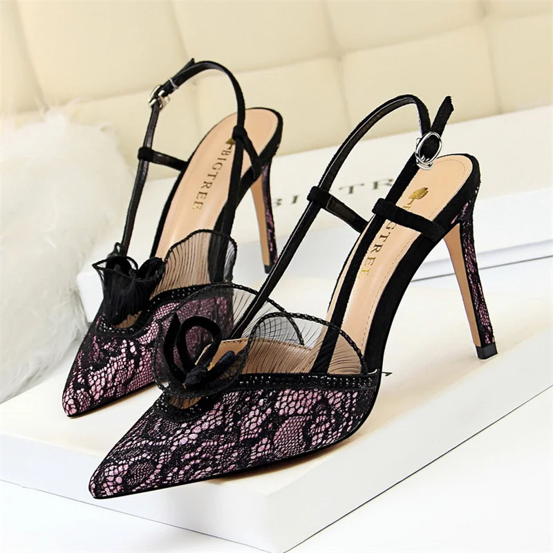 Women Thin High Heels Lace Hollow Mesh Pointed Toe Sandals Summer Fashion Elegant Green Silver Rhinestones Slingback Shoes