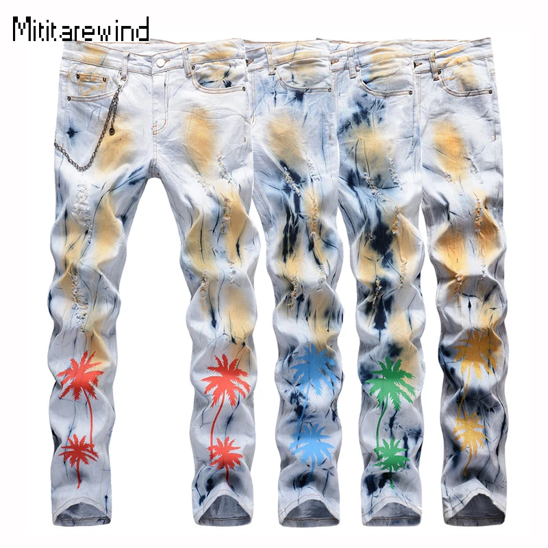 

Fashion Stretch Skinny Jeans for Men Four Seasons High Street Casual Distressed Jeans Coconut Tree Print Chain Design Denim Pant