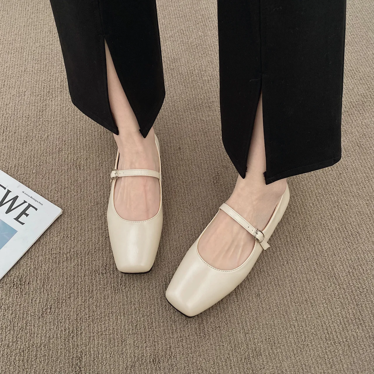 2024 Summer New Brand Women Flats Fashion Square Toe Shallow Mary Jane Shoes Soft Casual Ballet Shoes Slingback Shoes Black