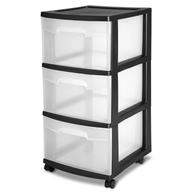 A black 3 drawer storage cart with clear drawers, shown on its wheels in a bright, modern craft room setting.